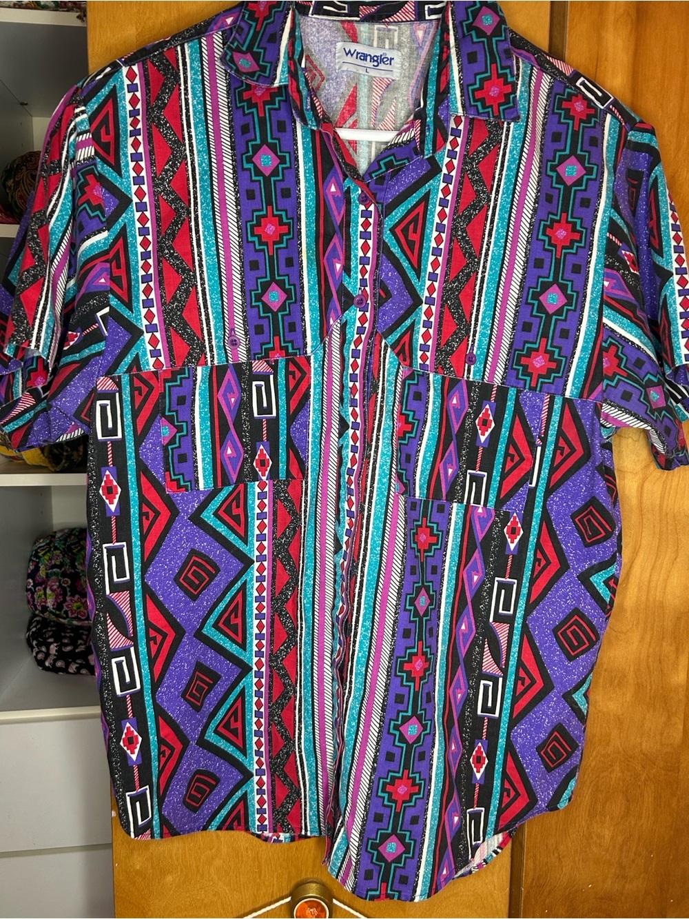 Vintage Wrangler Aztec Geo Print Button-Up Shirt -